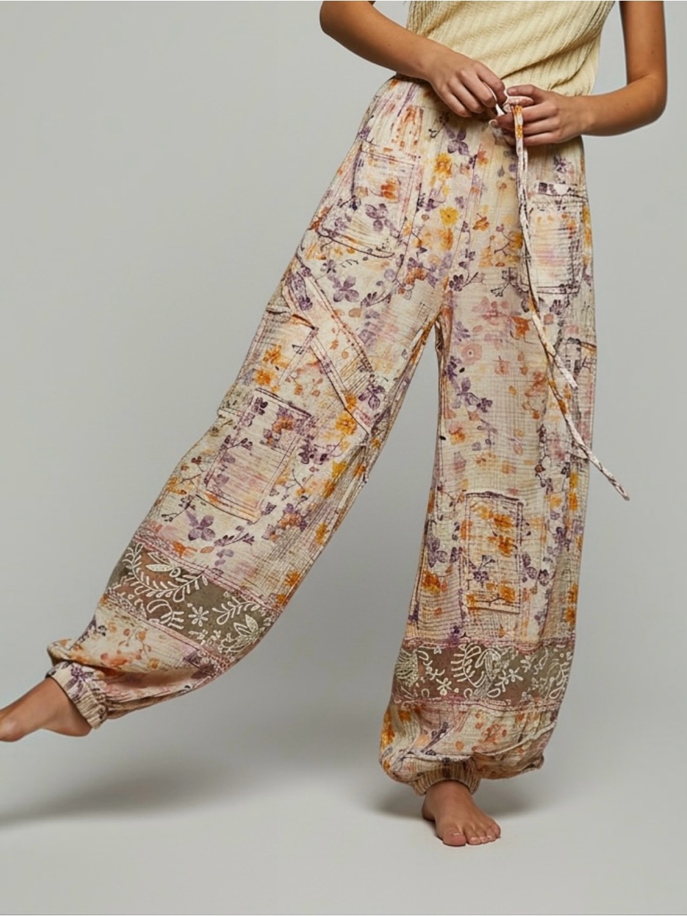 POL Pink Floral Patchwork Balloon Pants | Boho Harem Pull On Joggers